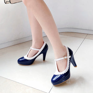 Vintage T Strap Mary Janes Shoes For Women Blue Patent Leather Pumps Female platform Heels Footwear