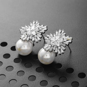Flower Design Simulated Pearl Earrings for Women Cubic Zirconia Drop Earrings