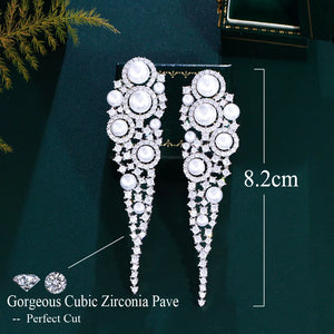 White Long Dangle Drop Pearl Earrings Sparkling Cubic Zirconia Women Wedding Jewelry z07