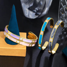 Carica l&#39;immagine nel visualizzatore di Gallery, Light Blue Enamel Round Opening Cuff Bangles for Women Chic Jewelry