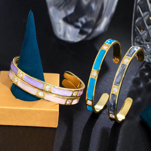 Light Blue Enamel Round Opening Cuff Bangles for Women Chic Jewelry