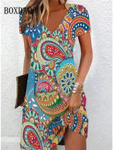 Cargar imagen en el visor de la galería, Vintage Women Midi Dresses For 2024 Ethnic Style Floral Print Loose Dress Plus Size Casual Short Sleeve Pullover V-Neck Dress