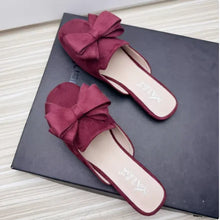 Load image into Gallery viewer, Women Spongy Sole Butterfly-Knot Flat Slides Mules Square Toe Wide Fitting Flock Cloth Summer Sweet Shoes