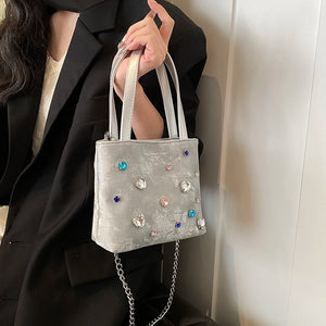 Y2K Cute Diamonds Design Mini Velvet Shoulder Bags for Women PU Leather Chain Crossbody Bag