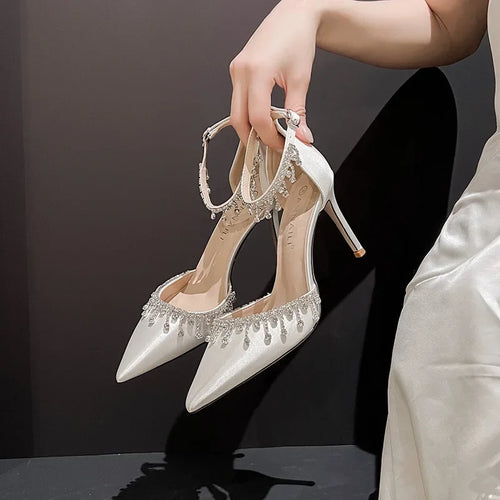 White Wedding Dress Shoes Satin One Line Ribbon Women's Summer Fashion Tassel Chain High Heels Hollow Sandals