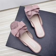 Carica l&#39;immagine nel visualizzatore di Gallery, Women Spongy Sole Butterfly-Knot Flat Slides Mules Square Toe Wide Fitting Flock Cloth Summer Sweet Shoes