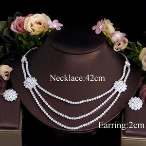 White Cubic Zirconia Flower Costume Jewelry Set Multi Layered Necklace Wedding Party
