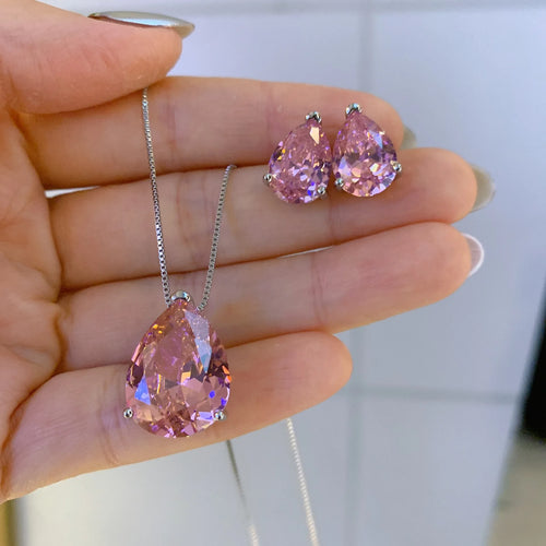 925 Sterling Silver Crystal Wedding Water Droplets Jewelry Sets Yellow Pink Earrings Pendant Necklace Gift x12