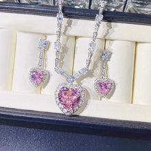 Laden Sie das Bild in den Galerie-Viewer, Silver Color Pink Heart Cubic Zirconia Earrings Necklace for Women Vintage Dinner Party Charm Wedding  Jewelry Set