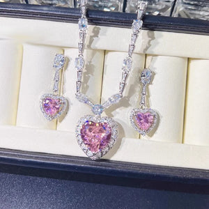 Silver Color Pink Heart Cubic Zirconia Earrings Necklace for Women Vintage Dinner Party Charm Wedding  Jewelry Set