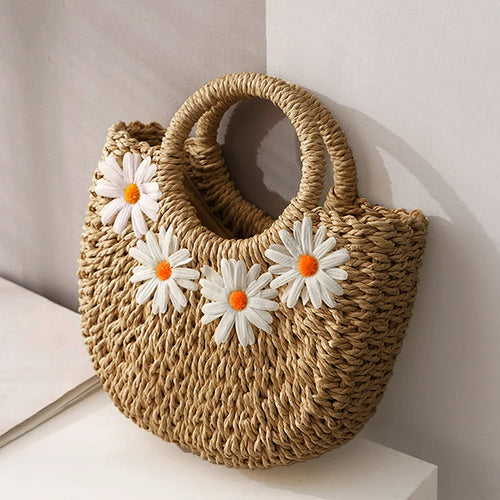 New Small Fresh Hand Carry Messenger Sticky Flower Straw Bag Mini Yuan Bucket Woven Bag Casual Women's Bag Beach Bag