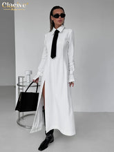 Load image into Gallery viewer, Clacive Fashion Slim White Office Dress Casual Lapel Long Sleeve Ankle Length Dress Elegant Classic Slit Dresses For Women 2024