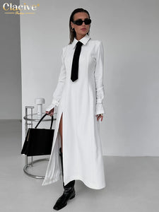 Clacive Fashion Slim White Office Dress Casual Lapel Long Sleeve Ankle Length Dress Elegant Classic Slit Dresses For Women 2024