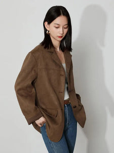 Classic Retro Melrose Style Brown Suede Velvet Suit Jacket Whitening Loose Shoulder Pads