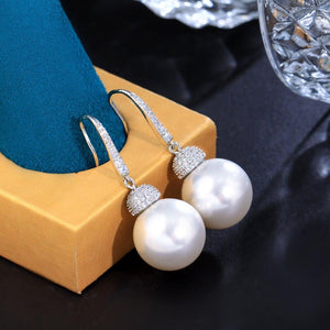 White Cubic Zirconia Paved Dangle Drop Pearl Hook Earrings cw57 - www.eufashionbags.com