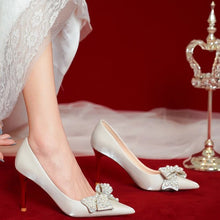 画像をギャラリービューアに読み込む, Luxury Pearl Bowknot Wedding Bridal Shoes for Women Sexy Pointed Toe Stiletto Heel Pumps Woman Beige Satin High Heels Shoes