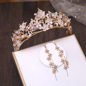 Fashion Crystal Pearl Butterfly Bridal Jewelry Sets Crown Earrings Necklaces Set bc35 - www.eufashionbags.com