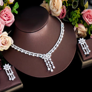 Cubic Zirconia Tassel Wedding Necklace and Earrings Luxury Dubai Jewelry Sets b38