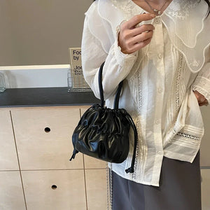 Pu Leather Mini Shoulder Bags for Women 2024 Designer Fashion Handbags Silver Drawstring Crossbody Bag