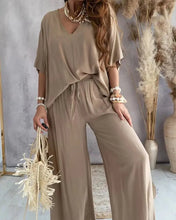 Load image into Gallery viewer, 2023 Long Pant Sets Summer two piece set For Women V neck Bat Sleeve Casual Loose Wide-leg Pants 2 piece set solid color Outfits