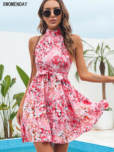 Summer Chiffon Dress Women Sexy Floral Print Ruffle Bandage Holiday Beach Sundress Casual Pink Halter A-line Short Dresses 2024