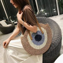 Laden Sie das Bild in den Galerie-Viewer, Summer Handmade Woven Beach Bags Women&#39;s Large Tote Bag Ethnic Style Round Straw Weaving Fashion Shoulder Bags
