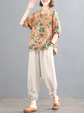 Laden Sie das Bild in den Galerie-Viewer, 2 Piece Sets Women Summer Casual Pants Suits Vintage Style Loose Female Print Tops And Ankle-length Pants