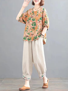 2 Piece Sets Women Summer Casual Pants Suits Vintage Style Loose Female Print Tops And Ankle-length Pants