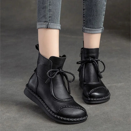 Vintage Genuine Leather Short Boots Winter Round Toe Lace-up Shoes