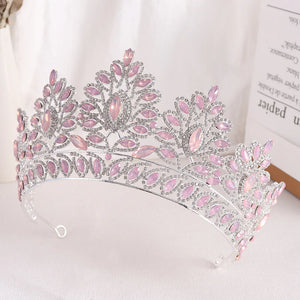 Pink Opal Wedding Big Crown Princess Headdress Crystal Tiaras Rhinestone Diadem Hair Jewelry