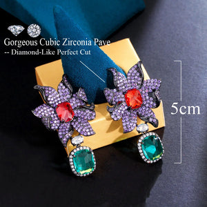 Micro Paved Blue Cubic Zirconia Earrings Long Geometric Flower Bridal Dress Jewelry b57