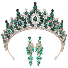 Load image into Gallery viewer, Vintage Green Crystal Bridal Crown With Earrings Women Hair Jewelry Set bc87 - www.eufashionbags.com