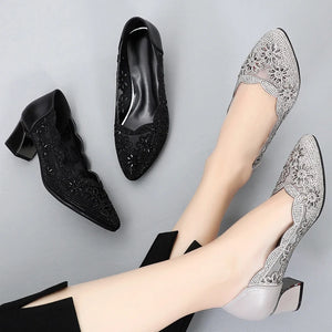 Genuine Leather Hollow Pumps Women Summer Fashion Shoes Med Heels Square Mesh Shoes f25