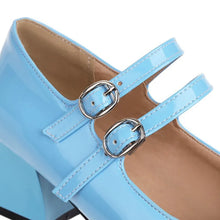 Carica l&#39;immagine nel visualizzatore di Gallery, Candy Colors Patent Leather Block Heels Pumps With Buckles Straps Square Toe Wide Fitting Sandals