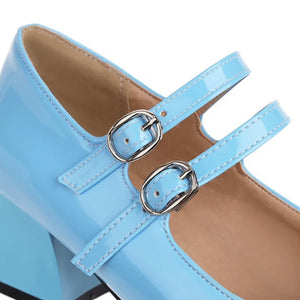 Candy Colors Patent Leather Block Heels Pumps With Buckles Straps Square Toe Wide Fitting Sandals