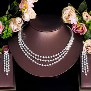 White Cubic Zirconia Pave 3 Layered Wedding Dress Necklace and Earrings Jewelry Sets cw18 - www.eufashionbags.com