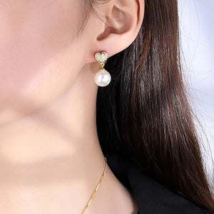 Chic Imitation Pearl Dangle Earrings Women Eternity Love Earrings with Cubic Zirconia Gold Color Jewelry