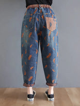 画像をギャラリービューアに読み込む, Jeans For Women Spring Street Feather Embroidery Color Contrast Loose Thin Drawstring Pockets Elastic Waist Denim Pants