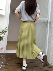 Basic Pleated Midi Long Skirt for Women New Solid All-match A Line High Waist Mid-length Skirt