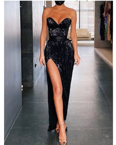 2022 New Fashion Elegant Strapless Sexy Black Prom Dresses Party Maxi Sequin Evening Dress Wedding Bridesmaid Guest Service