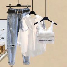 Charger l&#39;image dans la galerie, 2023 Summer New Elegant Women&#39;s Pants Set Casual Shirt Jeans Trousers Vest Three Piece Set Female Tracksuit Blouse Blazer Suits