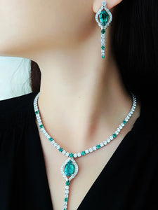 Fashion Silver Color Jewelry Sets For Women Charm Green Zircon Necklace Earrings x41
