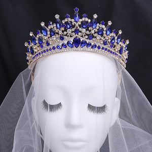 Baroque Blue Green Opal Wedding Crown With Comb Crystal Tiaras Big Rhinestone