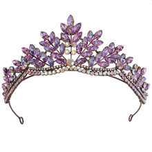 Cargar imagen en el visor de la galería, Baroque Vintage Purple AB Crystal Headdress Leaves Bridal Tiaras Crowns Women Headpiece e01