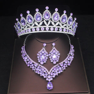 Pink Crystal Bridal Jewelry Sets Women Princess Tiara/Crown Earring Necklace Set dc09 - www.eufashionbags.com