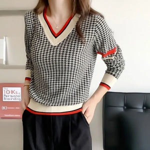 2023 new long sleeve Autumn Winter V-neck Houndstooth Casual Fashion Sweater Ladies Knitting Jumper Top Women Pullover Outwear