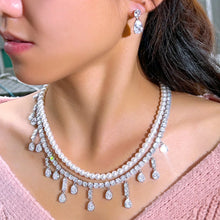Laden Sie das Bild in den Galerie-Viewer, Shiny Tassel Water Drop Cubic Zirconia Big 2 Layer Pearl Necklace Bridal Jewelry Sets