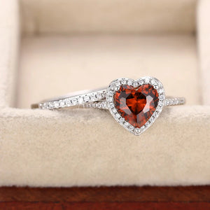 Garnet Heart CZ 2Pcs Set Rings for Women Eternity Wedding Trend Accessory
