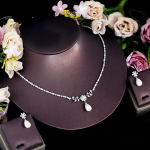 White CZ Flower Leaf Wedding Party Pearl Necklace and Earrings Jewelry Sets for Women