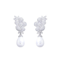 Load image into Gallery viewer, Micro Paved White Cubic Zirconia Flower Long Dangle Drop Pearl Earrings for Women cw28 - www.eufashionbags.com